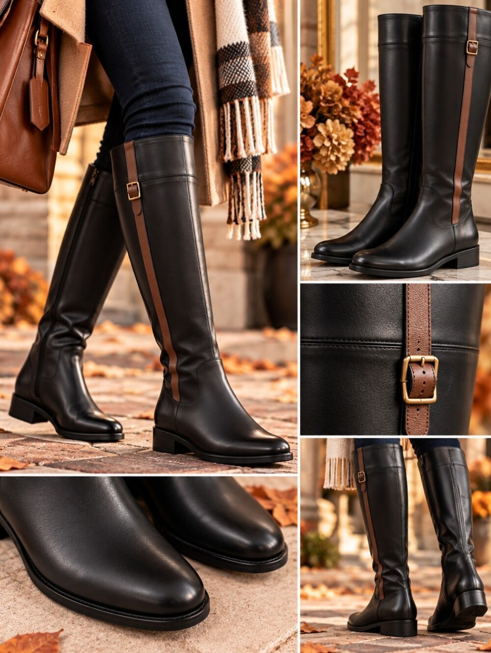 Cole Haan Black Over-the-Knee Boots with Brown Stripe 6.5B